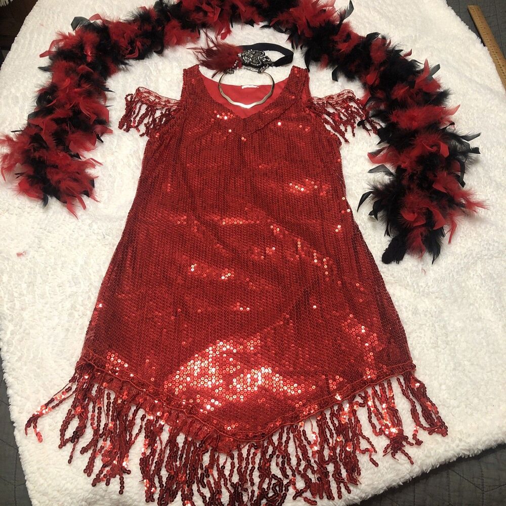 Woman's twenties red flapper costume with accessories